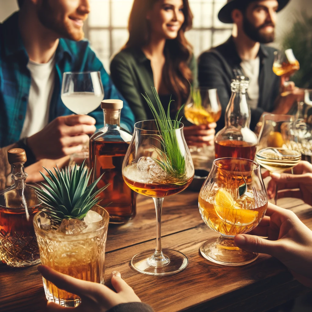 A social gathering with friends using Glencairn glasses for various spirits.