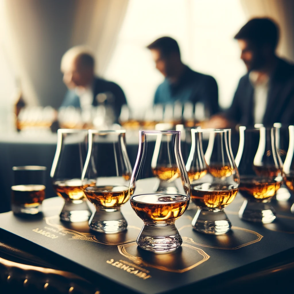 A sophisticated whisky tasting event featuring Glencairn glasses.