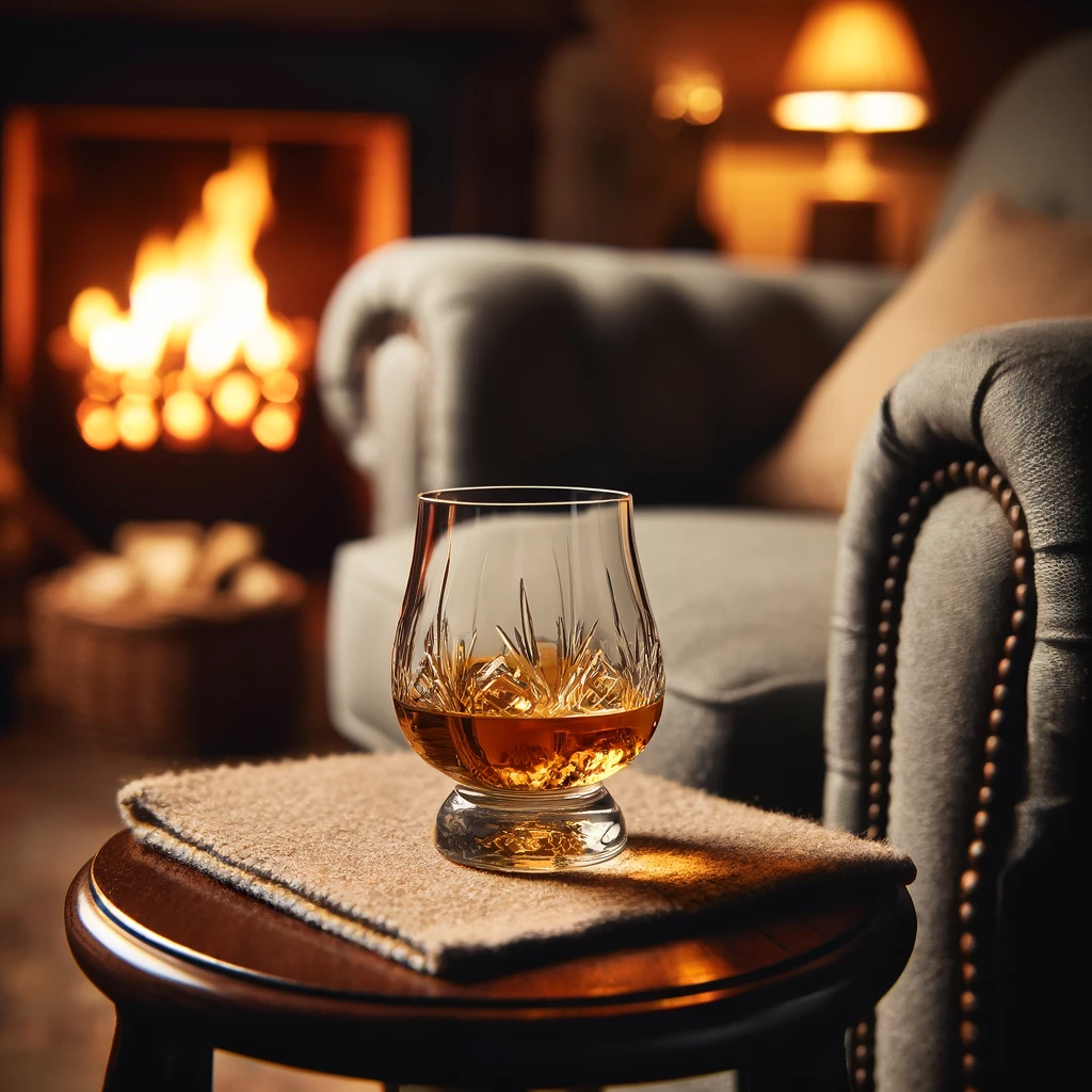 A cozy setting for a quiet evening in with a Glencairn glass of whisky.