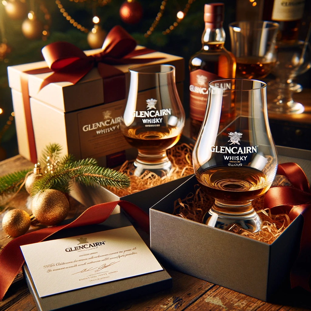 A gift box with Glencairn whisky glasses, elegantly wrapped for gift giving.