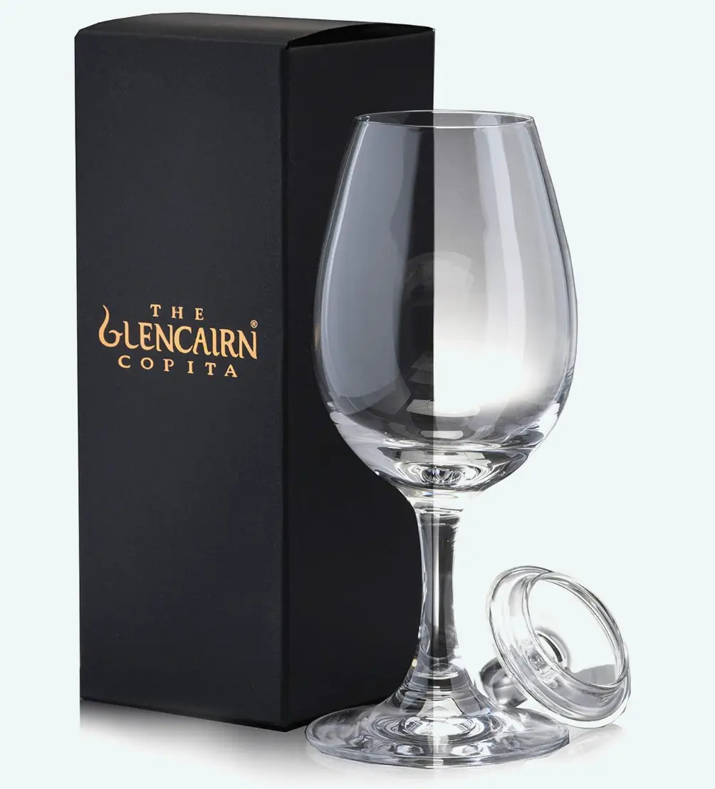 Glencairn Copita glass with its packaging box and glass lid.